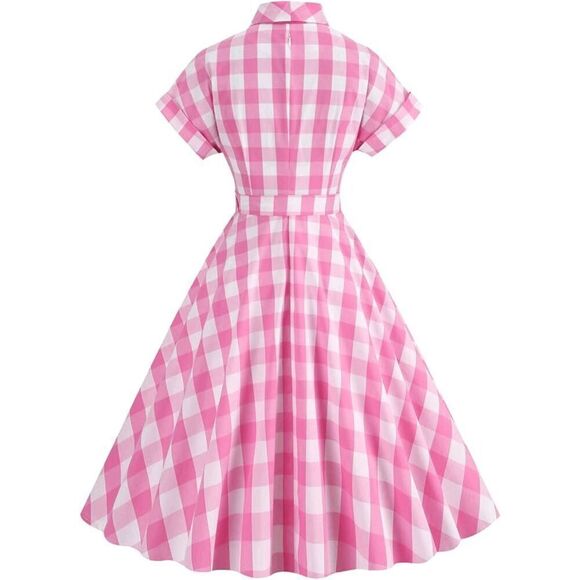 💗 NEW Pinup Retro Rockabilly 1950s Collar Bow Pink Plaid Tea Dress w/Belt XXL - Picture 3 of 16